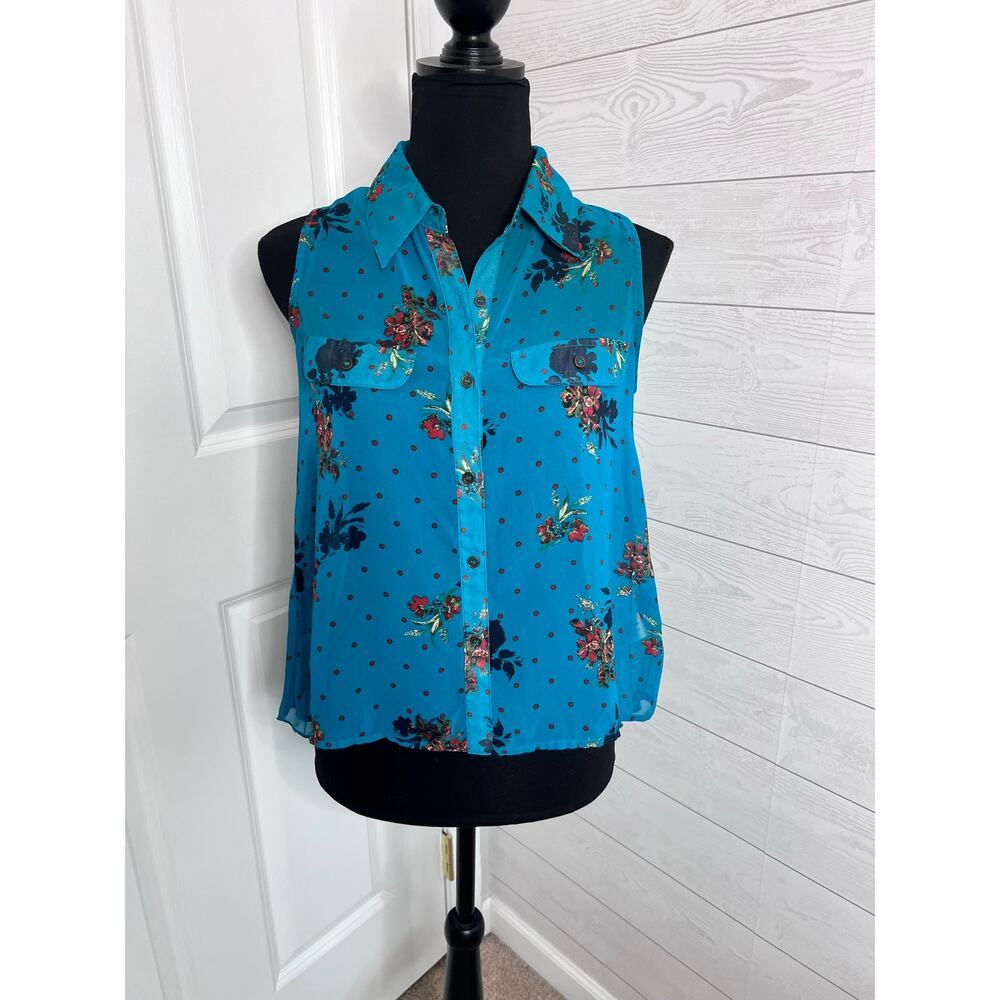 Xhilaration teal floral boho Y2K style button front sleeveless top XS